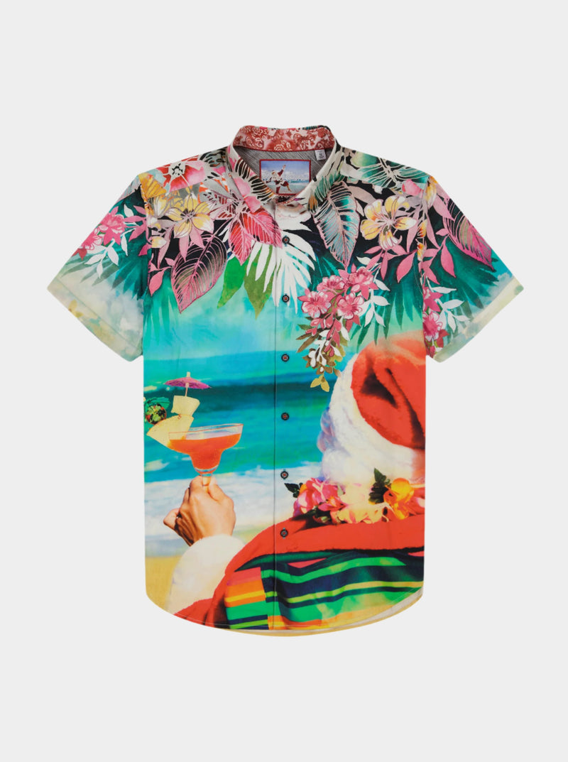 BEACH SANTA SHORT SLEEVE BUTTON DOWN SHIRT