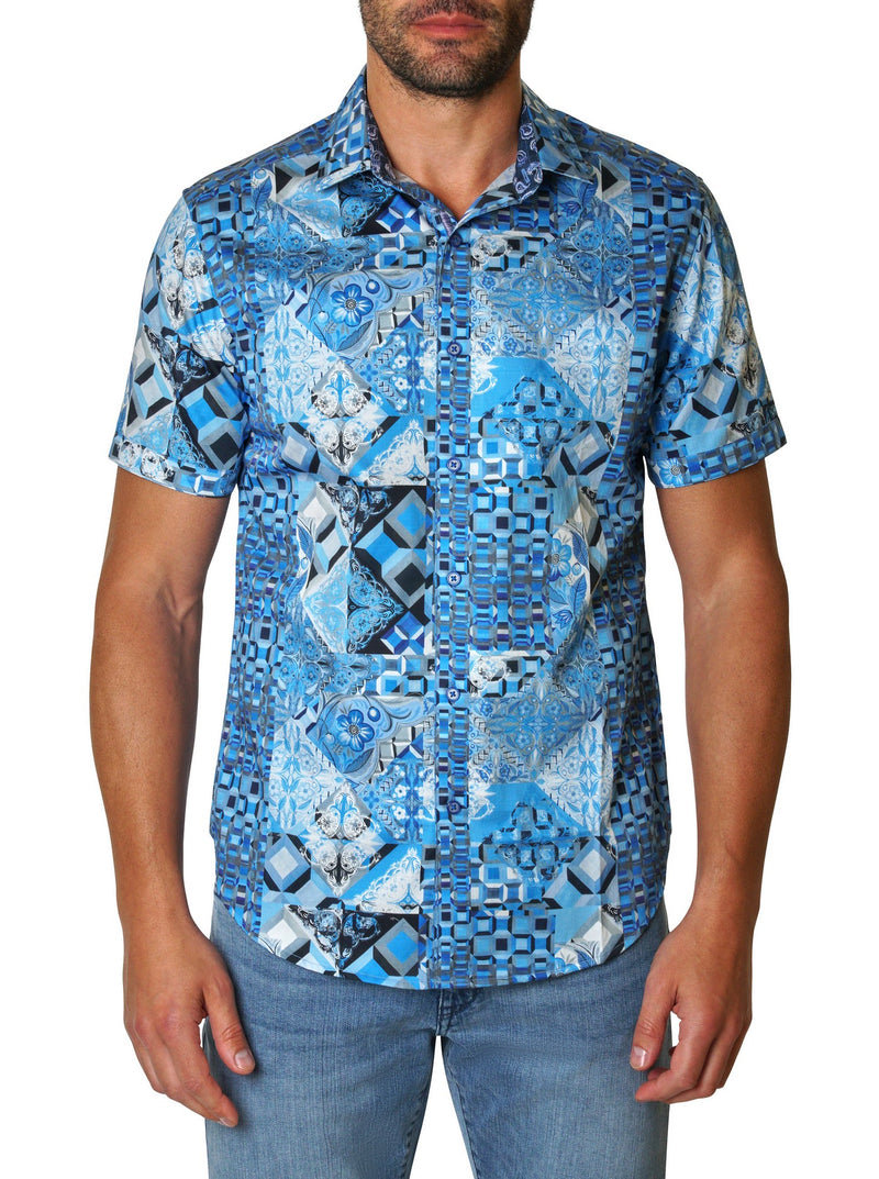 Robert Graham Mens Blue Paragould Multi Classic popular Fit Short Sleeve Button Down Shi