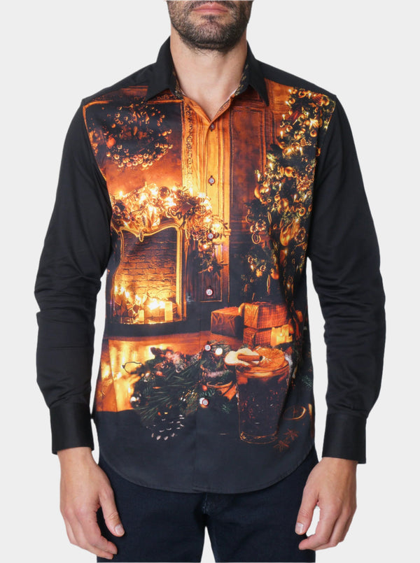 FIREPLACE DRINKS LONG SLEEVE BUTTON DOWN SHIRT