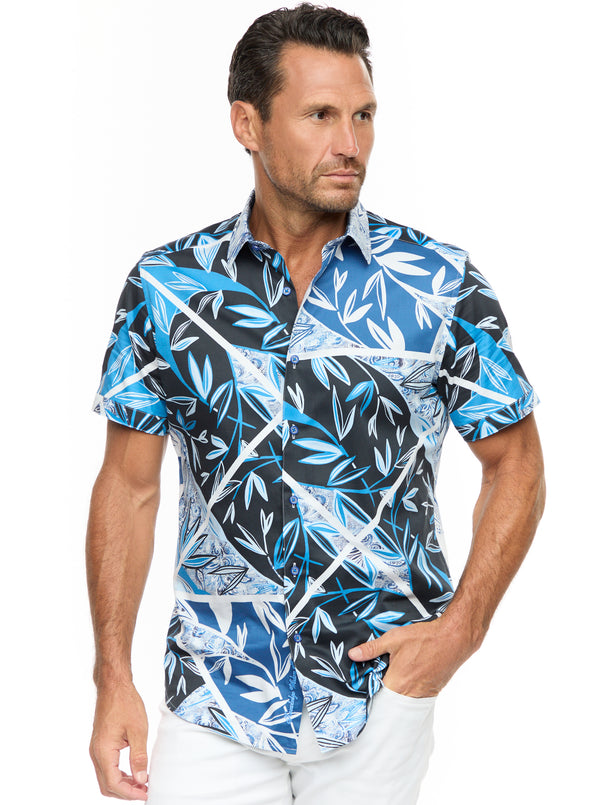 BLUE PALM SHORT SLEEVE BUTTON DOWN SHIRT