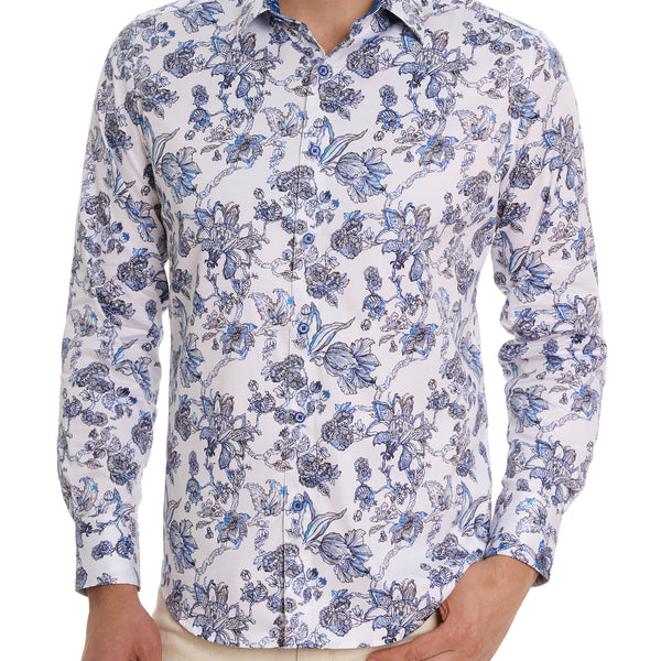 NWT Robert Graham Men's HALLOCK L Blue Floral Long fashion Sleeve Shirt Flip Cuff $228