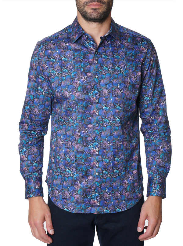 Robert on sale Graham button front custom tailored shirt. Sharp black/blue print. Medium