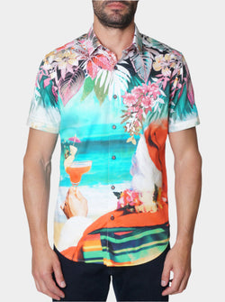 BEACH SANTA SHORT SLEEVE BUTTON DOWN SHIRT